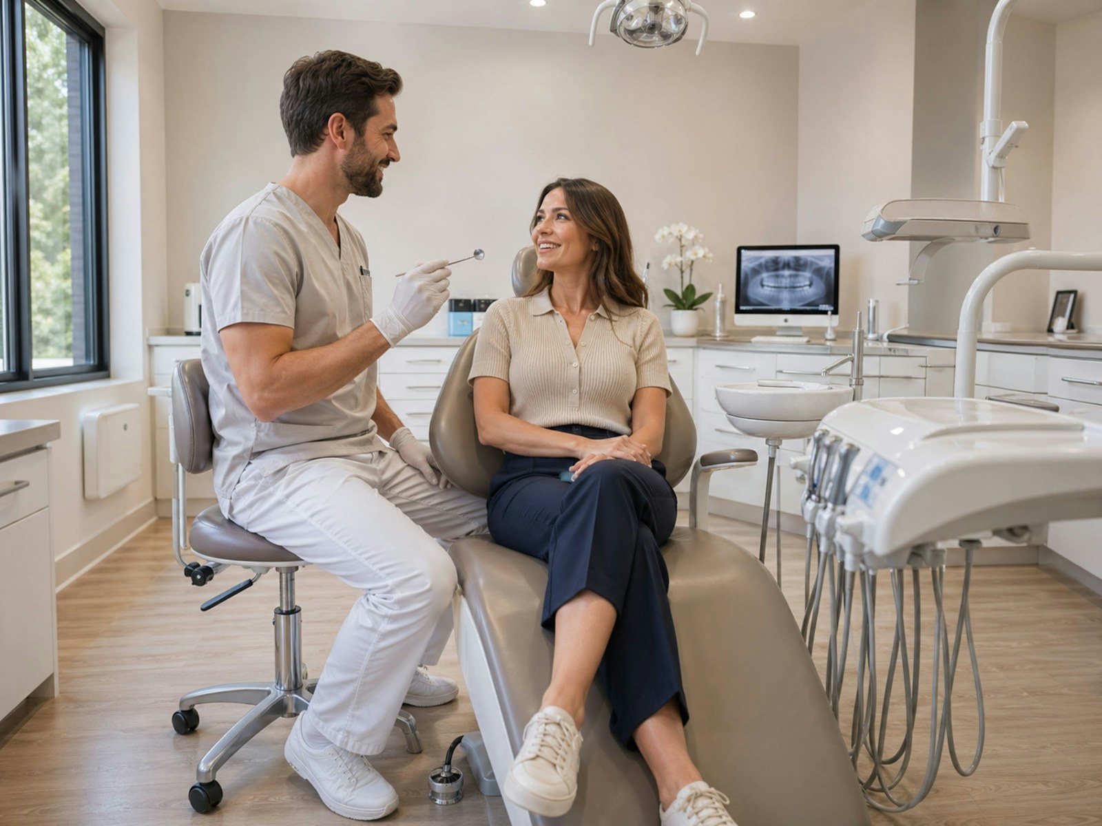 Dentist consulting with a patient in a modern practice